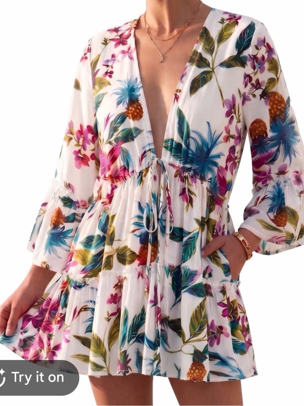 Floral Tropical White V-Neck Tiered Mini bathing suit cover